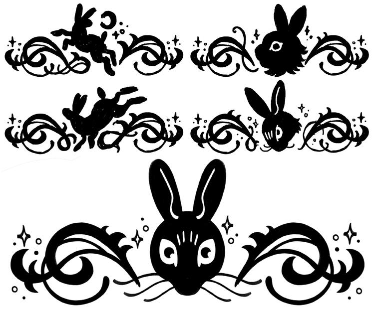 several design passes at a rabbit themed decal